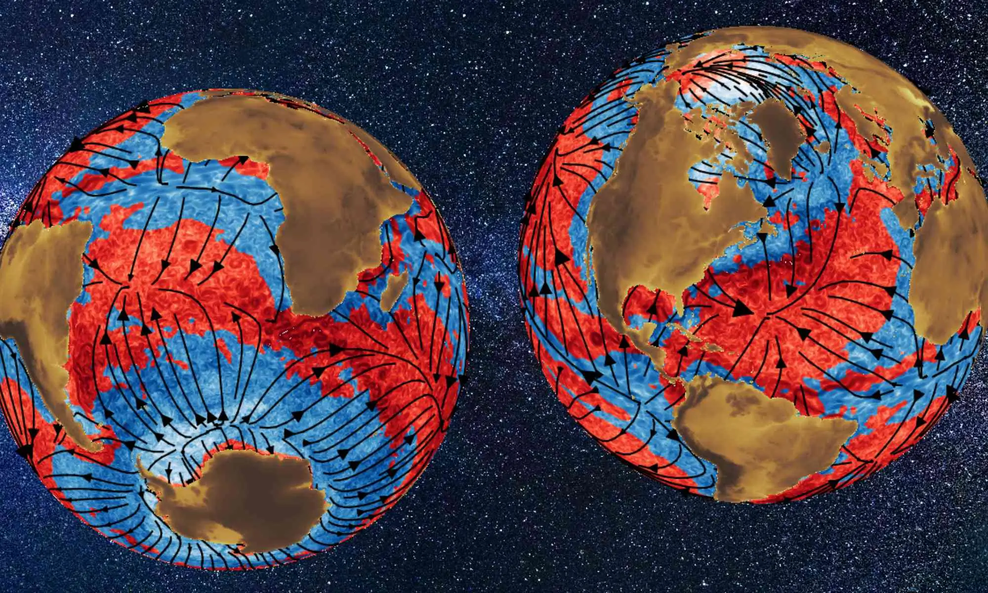 插图显示地球与海洋天气系统(中尺度涡旋)的两种视图, 红色表示能量充沛的人, 由大气驱动的气候尺度电流(黑线)叠加而成的数据(蓝色为弱).